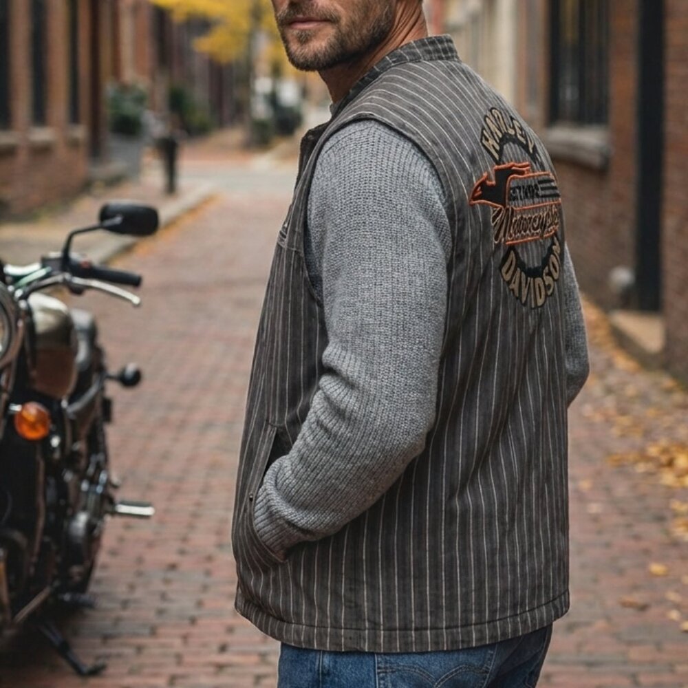 Vintage Harley Davidson Genuine Motor Cloths Striped Button Down Vest - Picture 2 of 16
